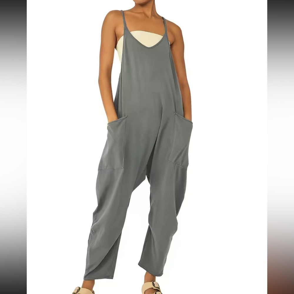 Solid Spaghetti Jumpsuit, Casual Sleeveless Zip Back Long Length Jumpsuit
